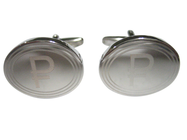 Silver Toned Etched Oval Russian Ruble Currency Sign Cufflinks