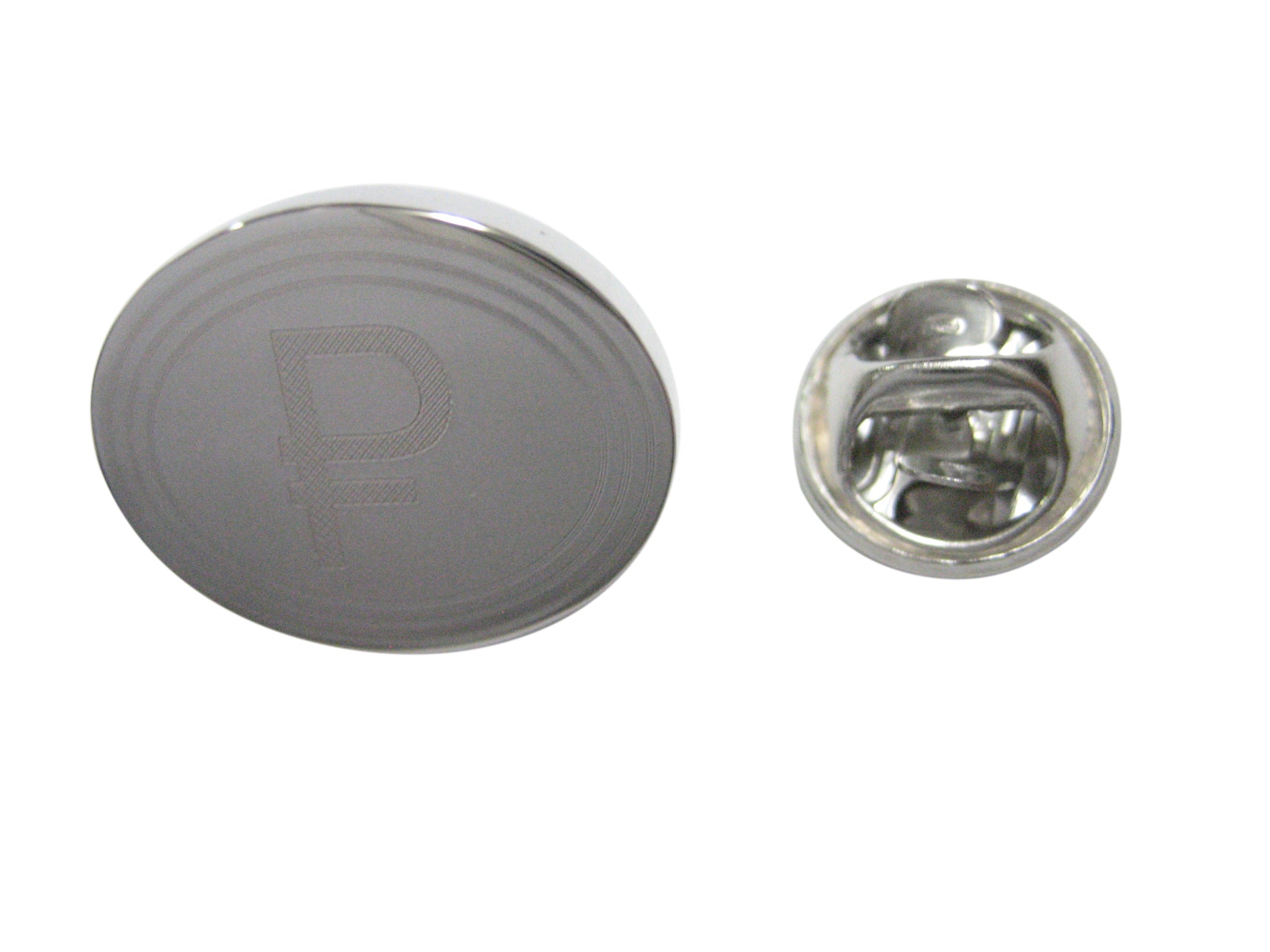 Silver Toned Etched Oval Russian Ruble Currency Sign Lapel Pin