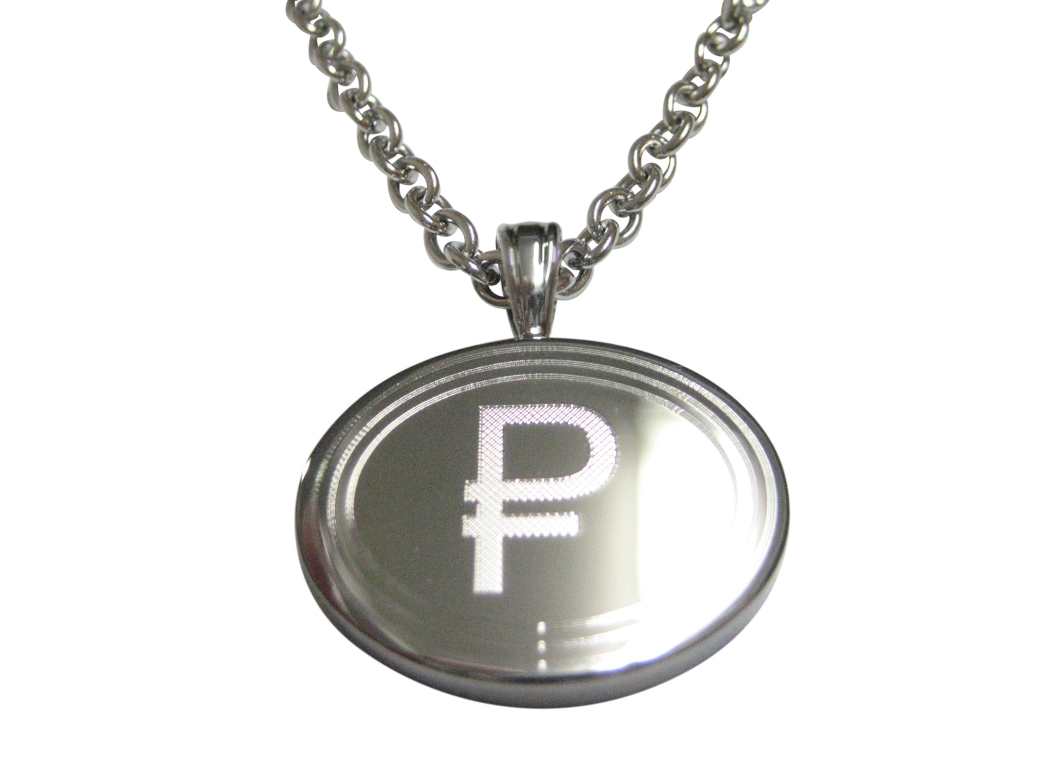 Silver Toned Etched Oval Russian Ruble Currency Sign Pendant Necklace
