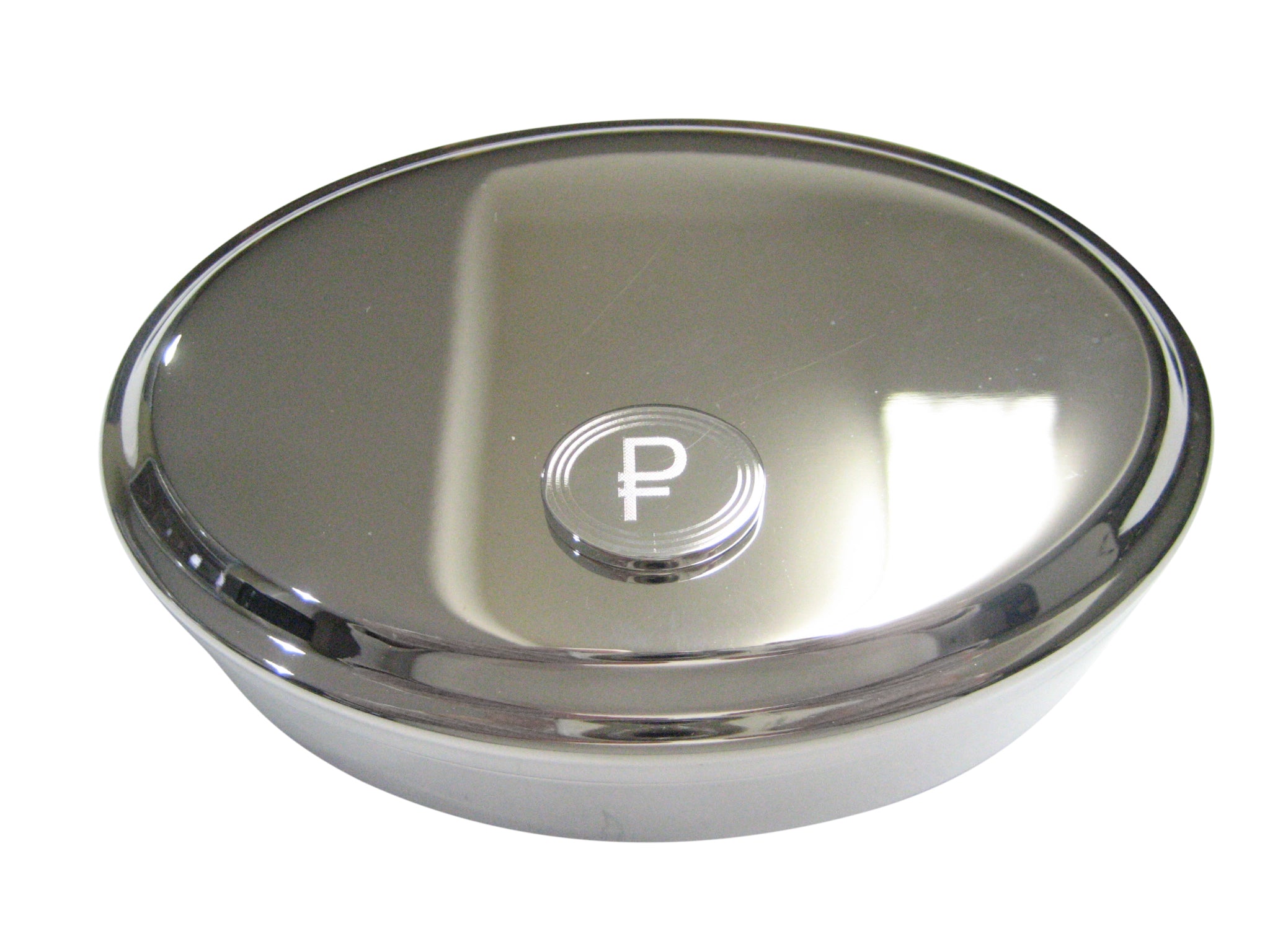 Silver Toned Etched Oval Russian Ruble Currency Sign Pendant Oval Trinket Jewelry Box