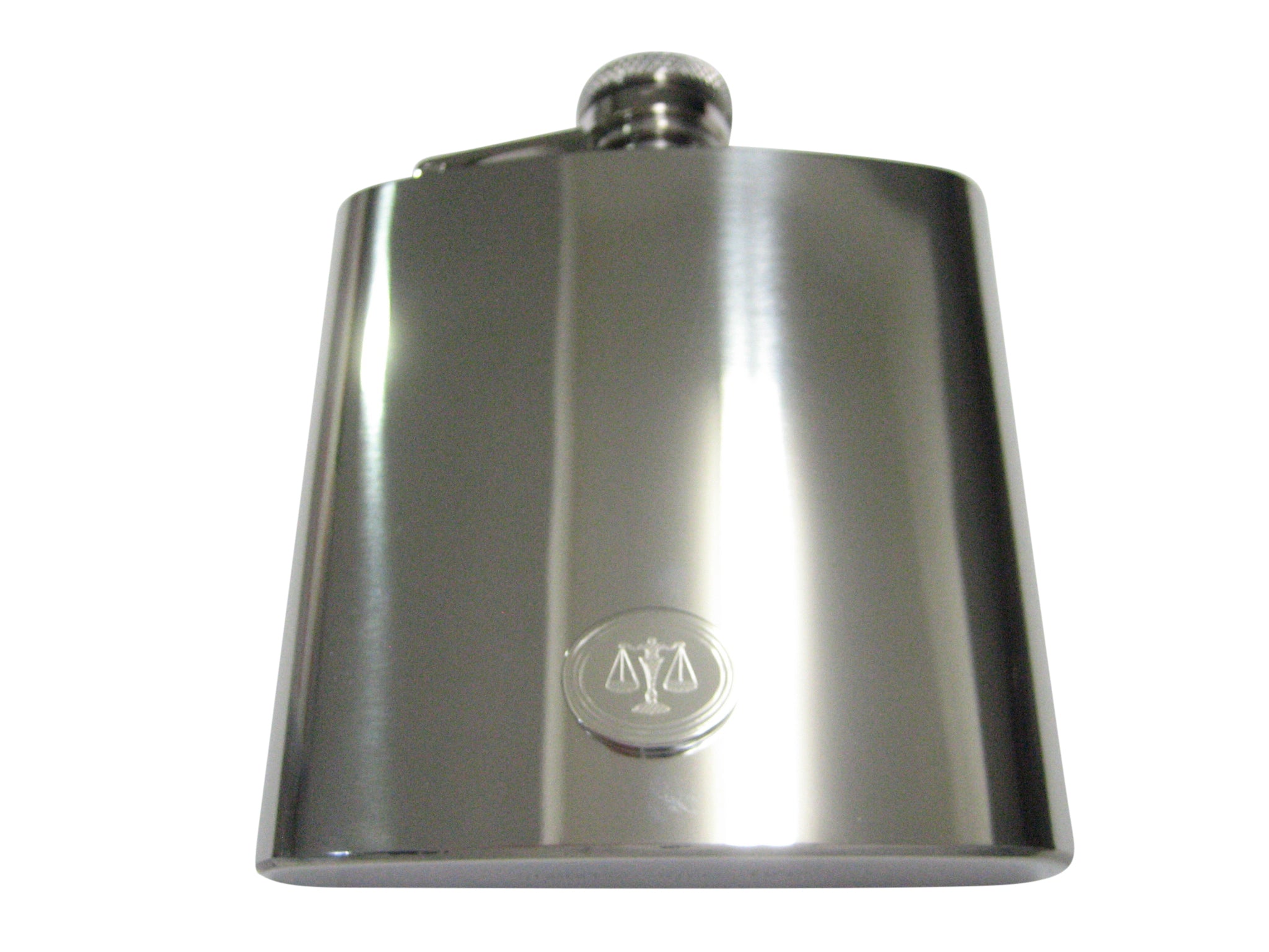 Silver Toned Etched Oval Scale of Justice Law 6oz Flask