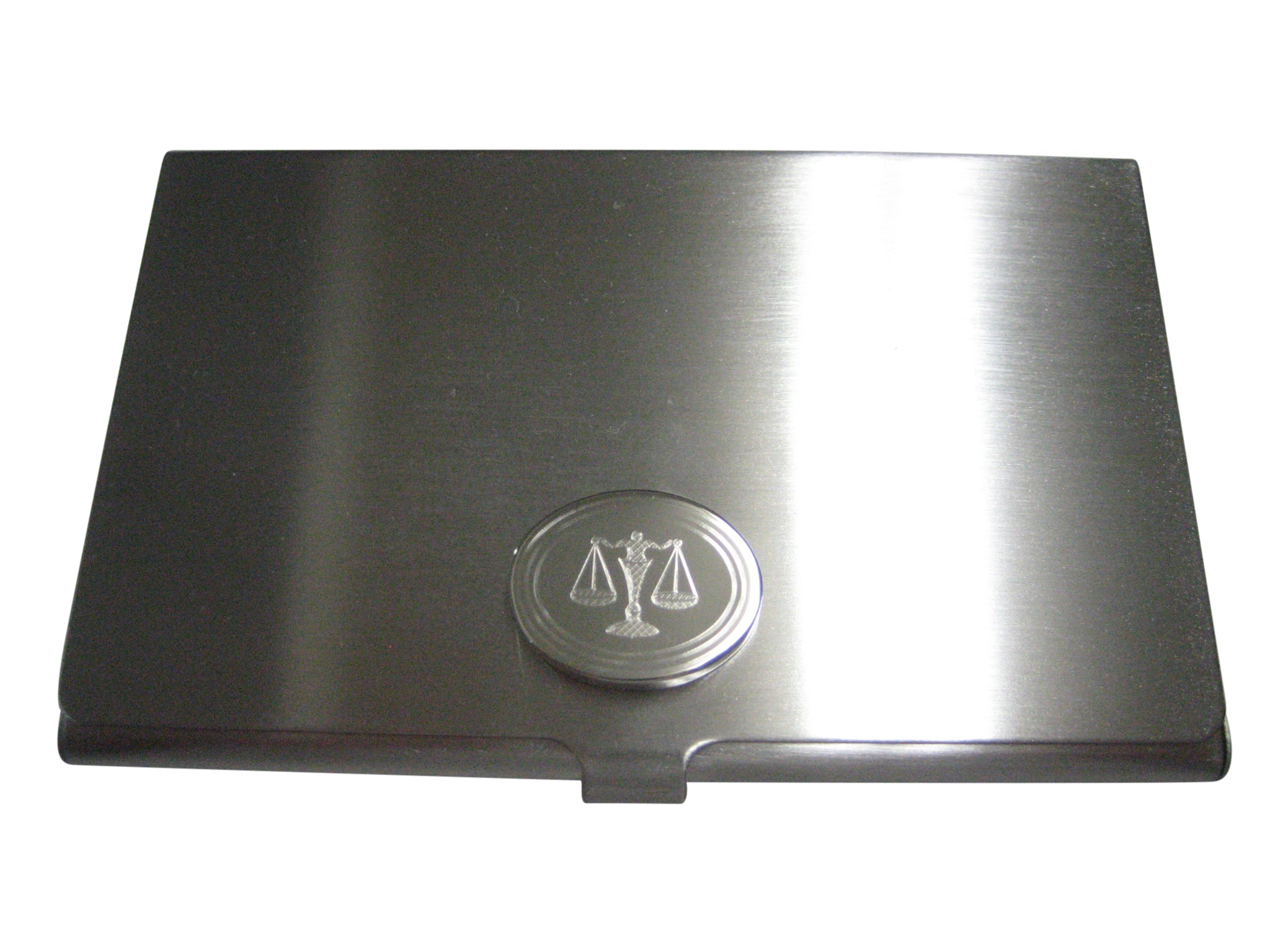 Silver Toned Etched Oval Scale of Justice Law Business Card Holder