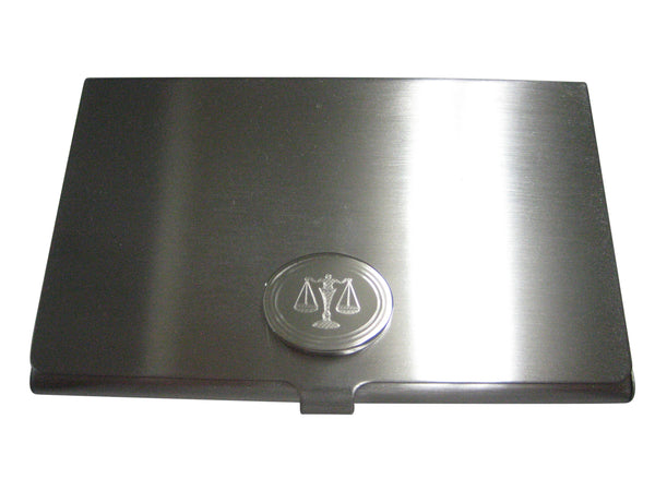 Silver Toned Etched Oval Scale of Justice Law Business Card Holder