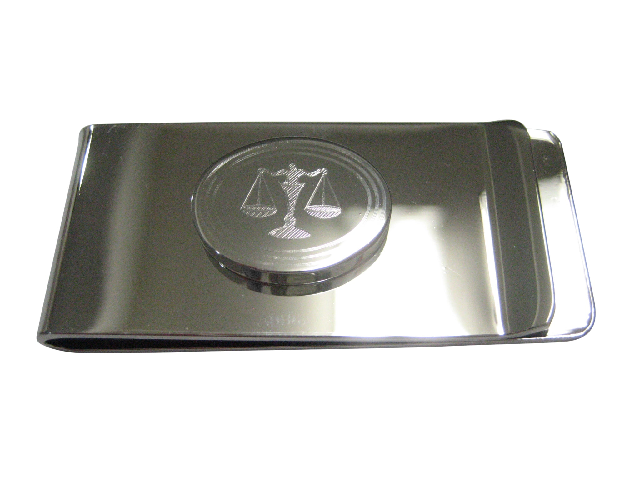 Silver Toned Etched Oval Scale of Justice Law Money Clip