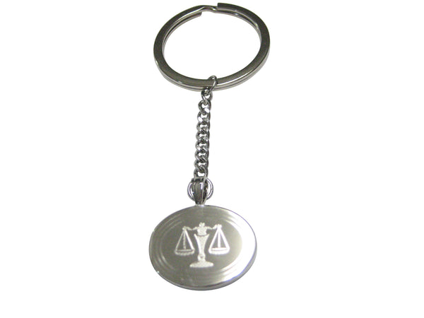Silver Toned Etched Oval Scale of Justice Law Pendant Keychain