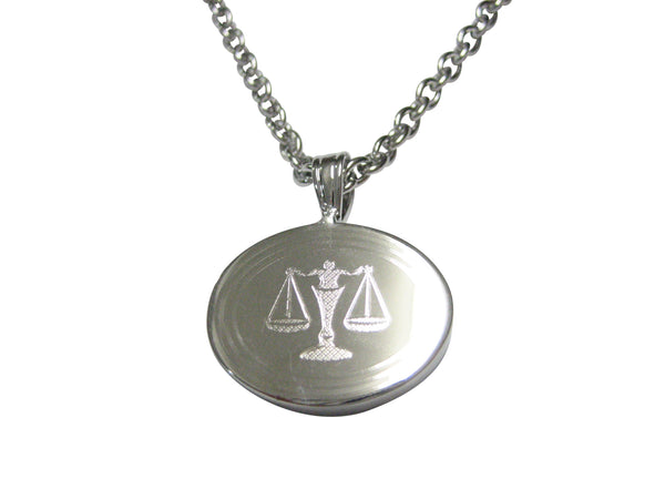 Silver Toned Etched Oval Scale of Justice Law Pendant Necklace