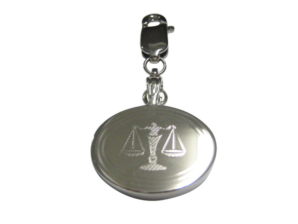 Silver Toned Etched Oval Scale of Justice Law Pendant Zipper Pull Charm
