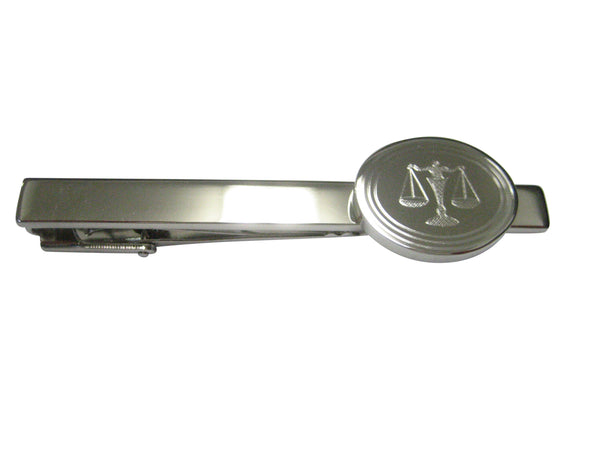 Silver Toned Etched Oval Scale of Justice Law Tie Clip