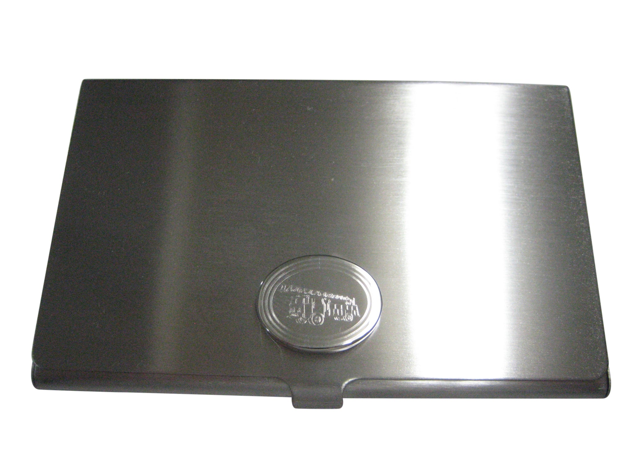 Silver Toned Etched Oval Sleek Fire Truck with Ladder Business Card Holder