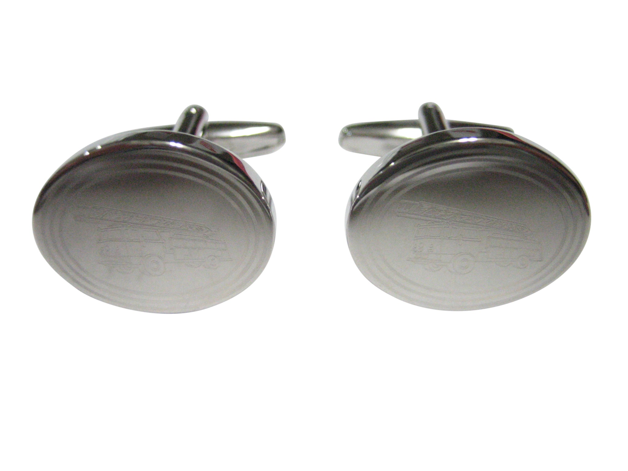 Silver Toned Etched Oval Sleek Fire Truck with Ladder Cufflinks