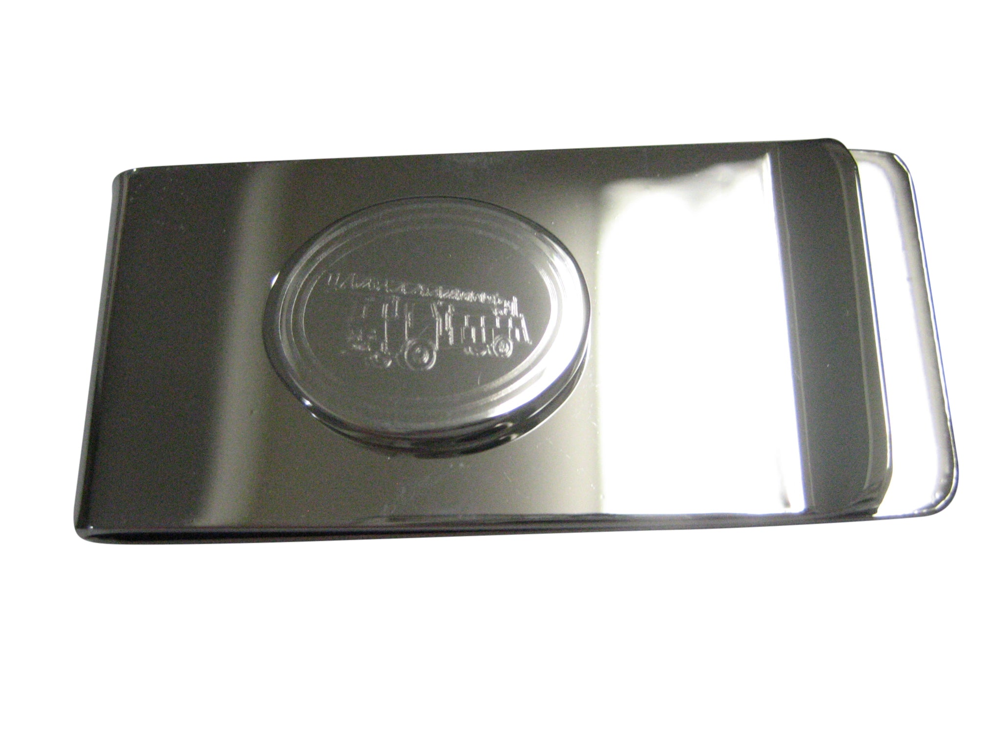 Silver Toned Etched Oval Sleek Fire Truck with Ladder Money Clip