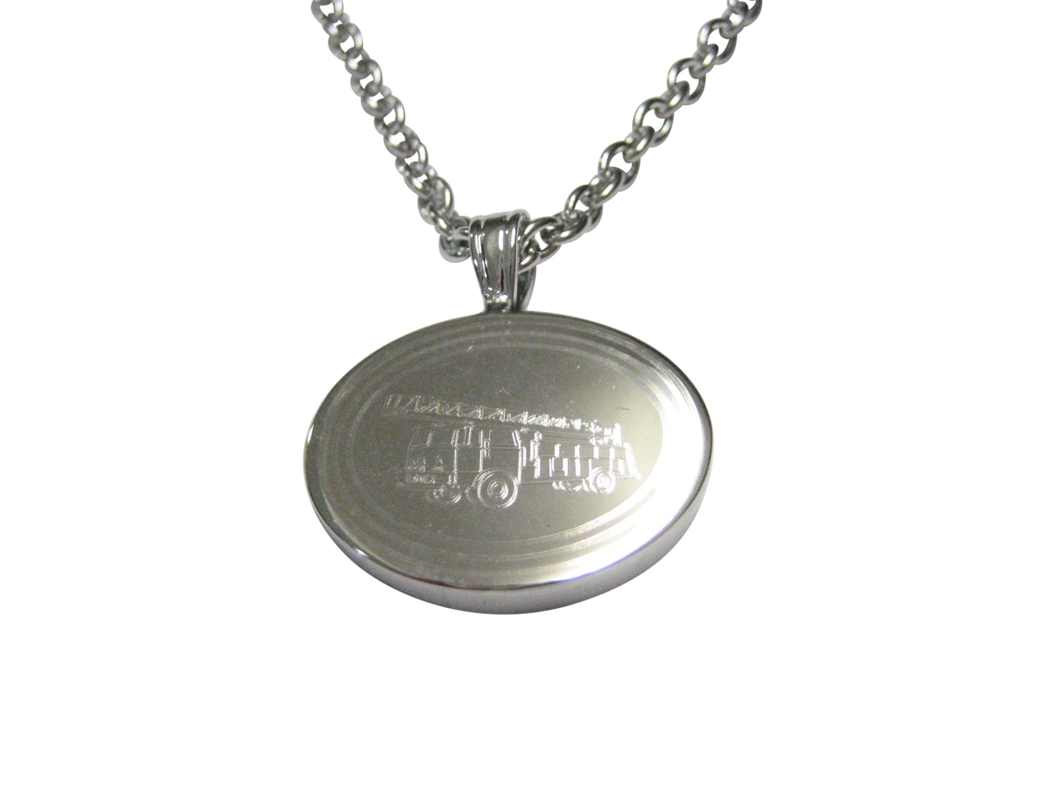 Silver Toned Etched Oval Sleek Fire Truck with Ladder Pendant Necklace