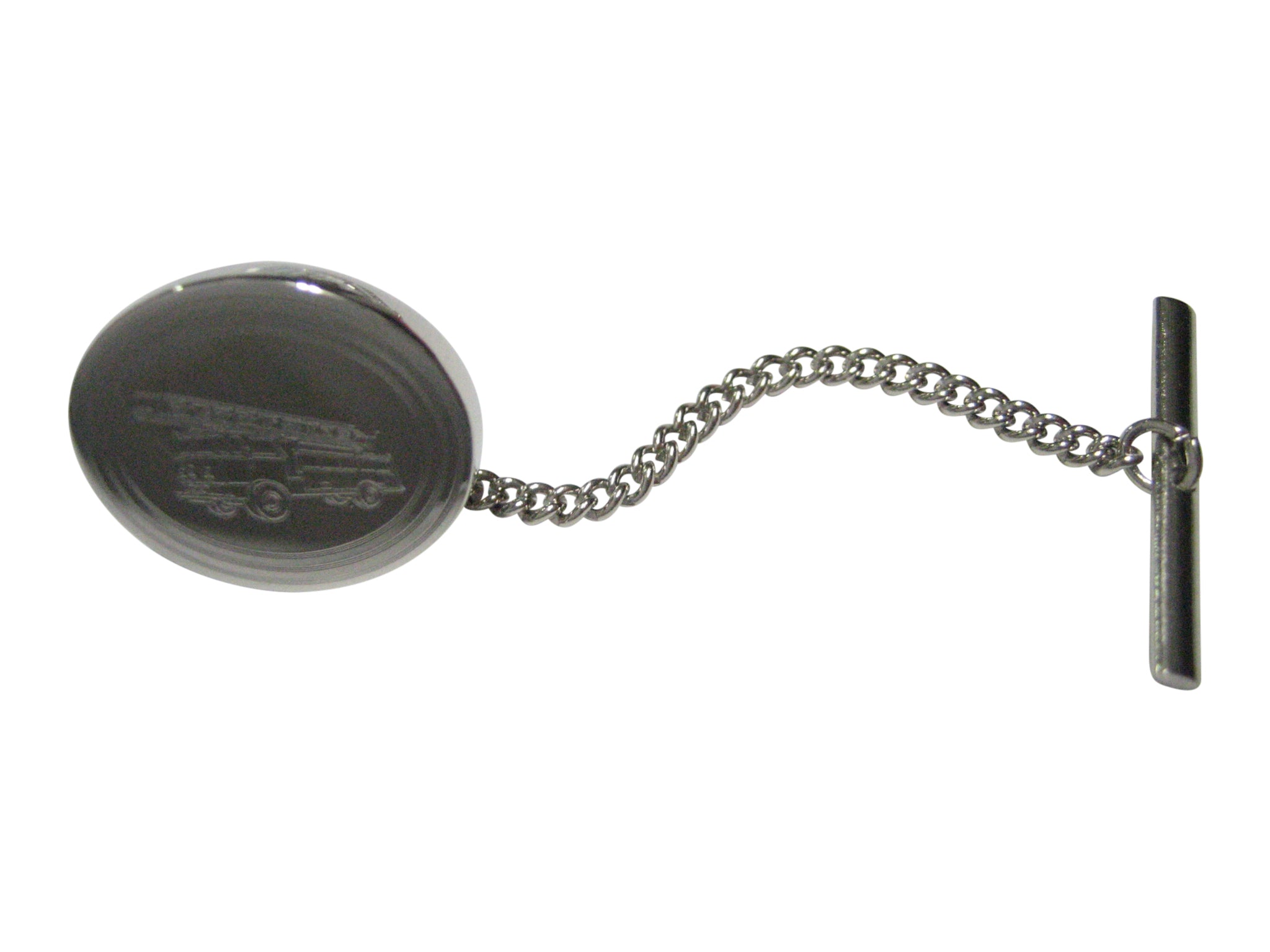 Silver Toned Etched Oval Sleek Fire Truck with Ladder Tie Tack