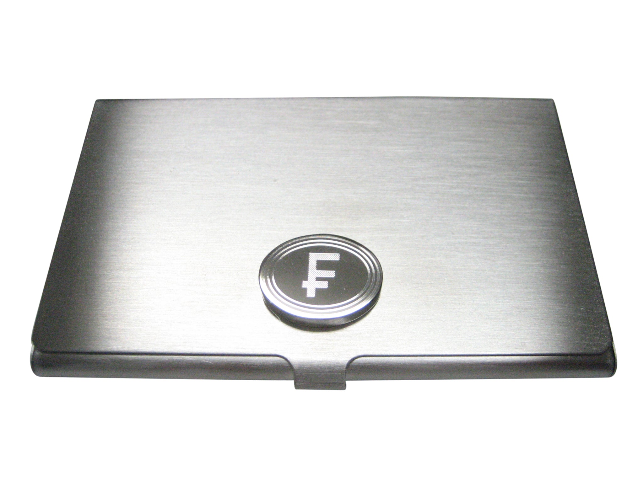 Silver Toned Etched Oval Swiss Franc Currency Sign Business Card Holder