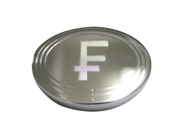 Silver Toned Etched Oval Swiss Franc Currency Sign Magnet