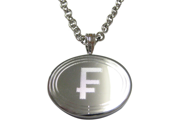 Silver Toned Etched Oval Swiss Franc Currency Sign Pendant Necklace