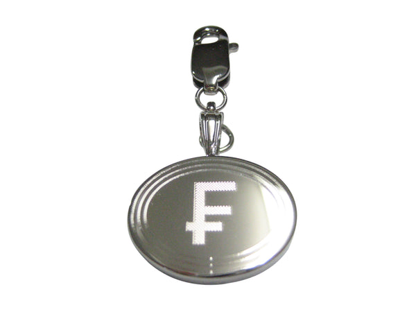 Silver Toned Etched Oval Swiss Franc Currency Sign Pendant Zipper Pull Charm