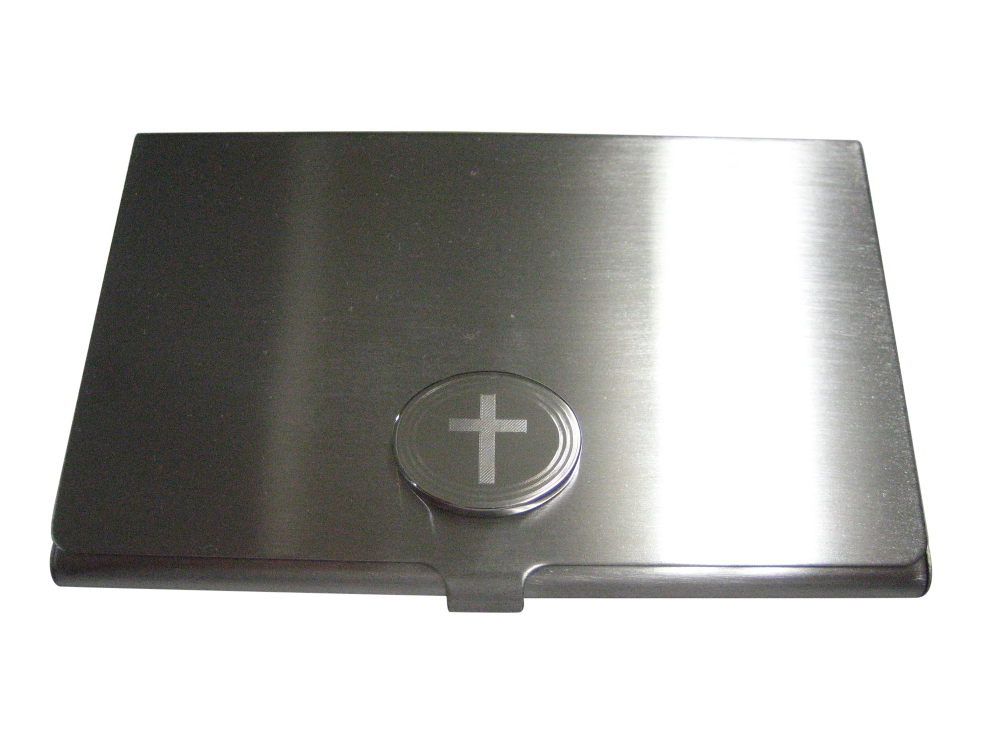 Silver Toned Etched Oval Thick Religious Cross Business Card Holder