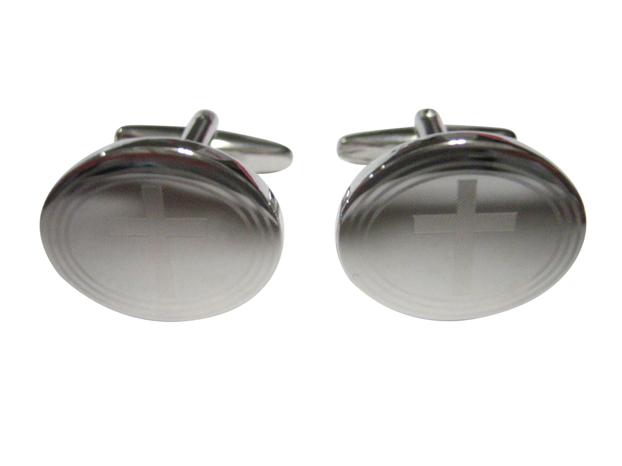 Silver Toned Etched Oval Thick Religious Cross Cufflinks