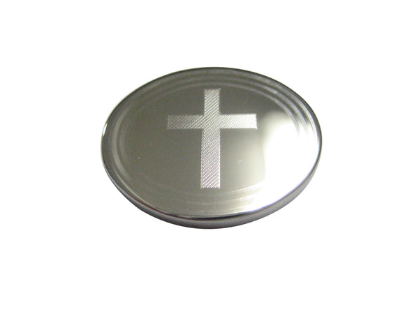 Silver Toned Etched Oval Thick Religious Cross Magnet