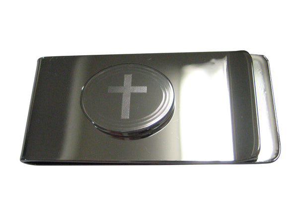 Silver Toned Etched Oval Thick Religious Cross Money Clip