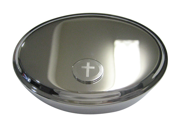 Silver Toned Etched Oval Thick Religious Cross Oval Trinket Jewelry Box