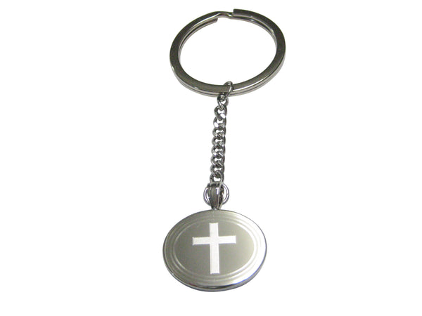 Silver Toned Etched Oval Thick Religious Cross Pendant Keychain