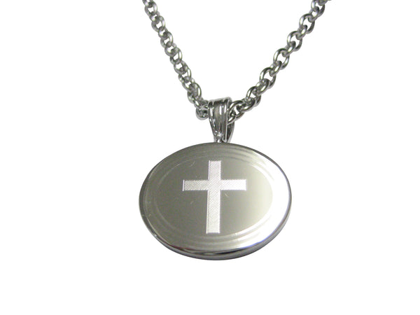 Silver Toned Etched Oval Thick Religious Cross Pendant Necklace