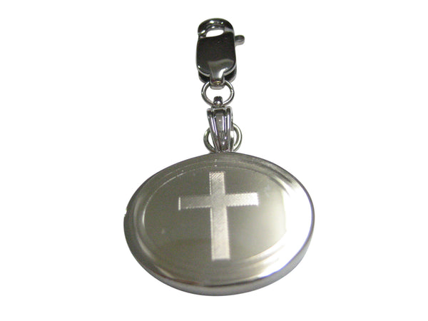 Silver Toned Etched Oval Thick Religious Cross Pendant Zipper Pull Charm