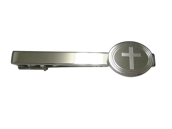 Silver Toned Etched Oval Thick Religious Cross Tie Clip
