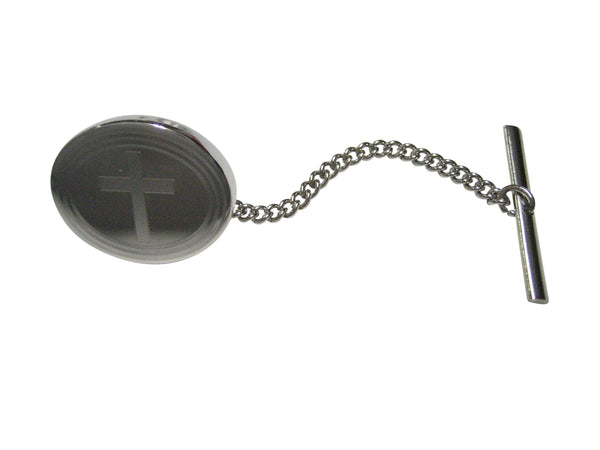 Silver Toned Etched Oval Thick Religious Cross Tie Tack