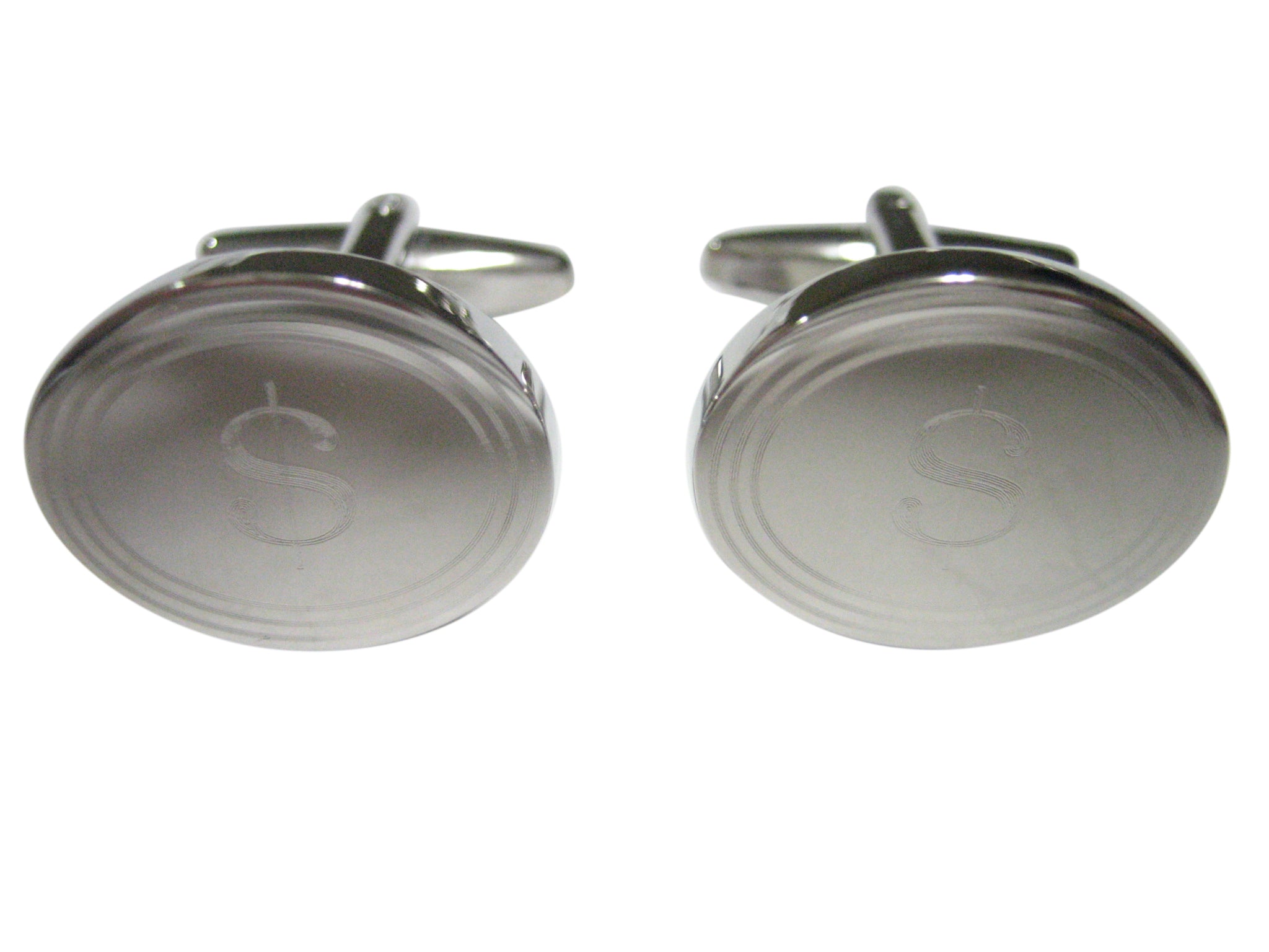 Silver Toned Etched Oval U.S. Dollar Sign Cufflinks