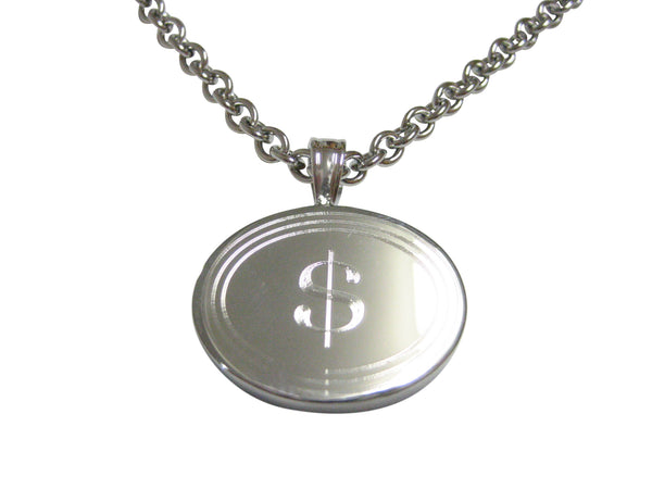 Silver Toned Etched Oval U.S. Dollar Sign Pendant Necklace