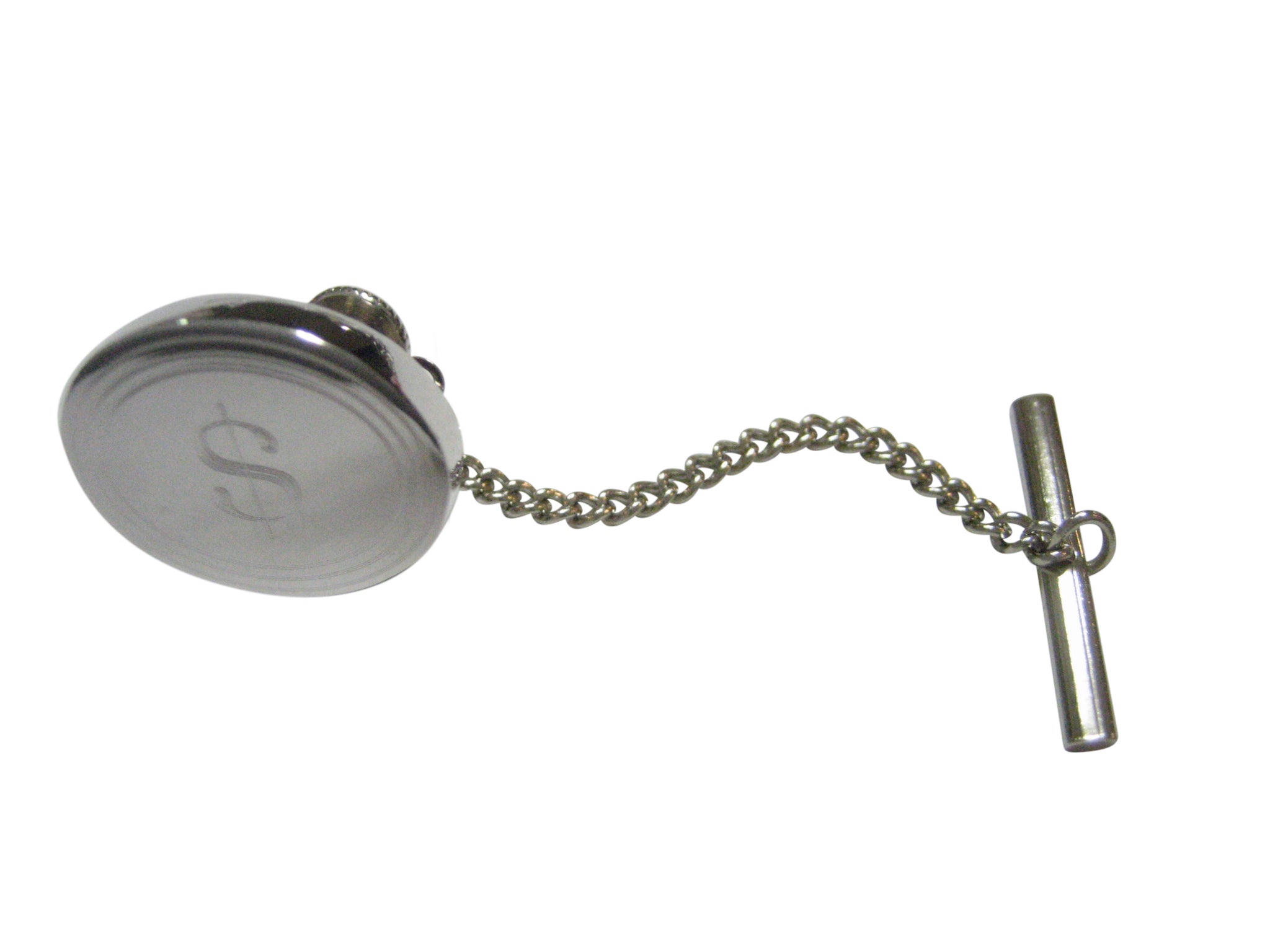 Silver Toned Etched Oval U.S. Dollar Sign Tie Tack