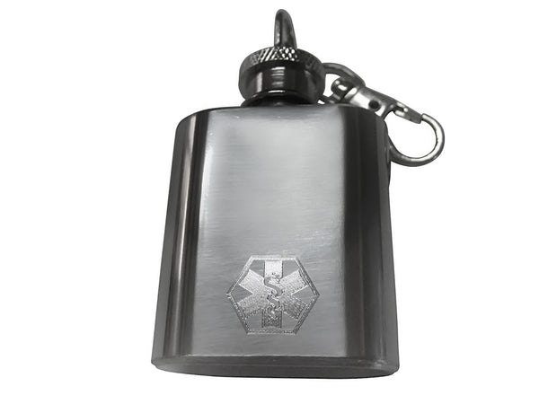 Silver Toned Etched Paramedic Star of Life Symbol 1 Oz. Stainless Steel Key Chain Flask