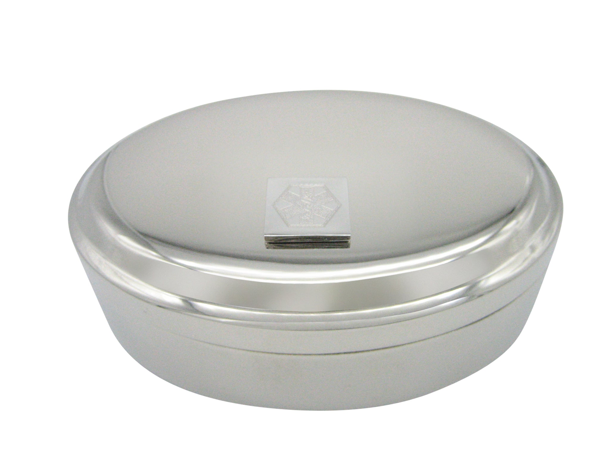 Silver Toned Etched Paramedic Star of Life Symbol Pendant Oval Trinket Jewelry Box