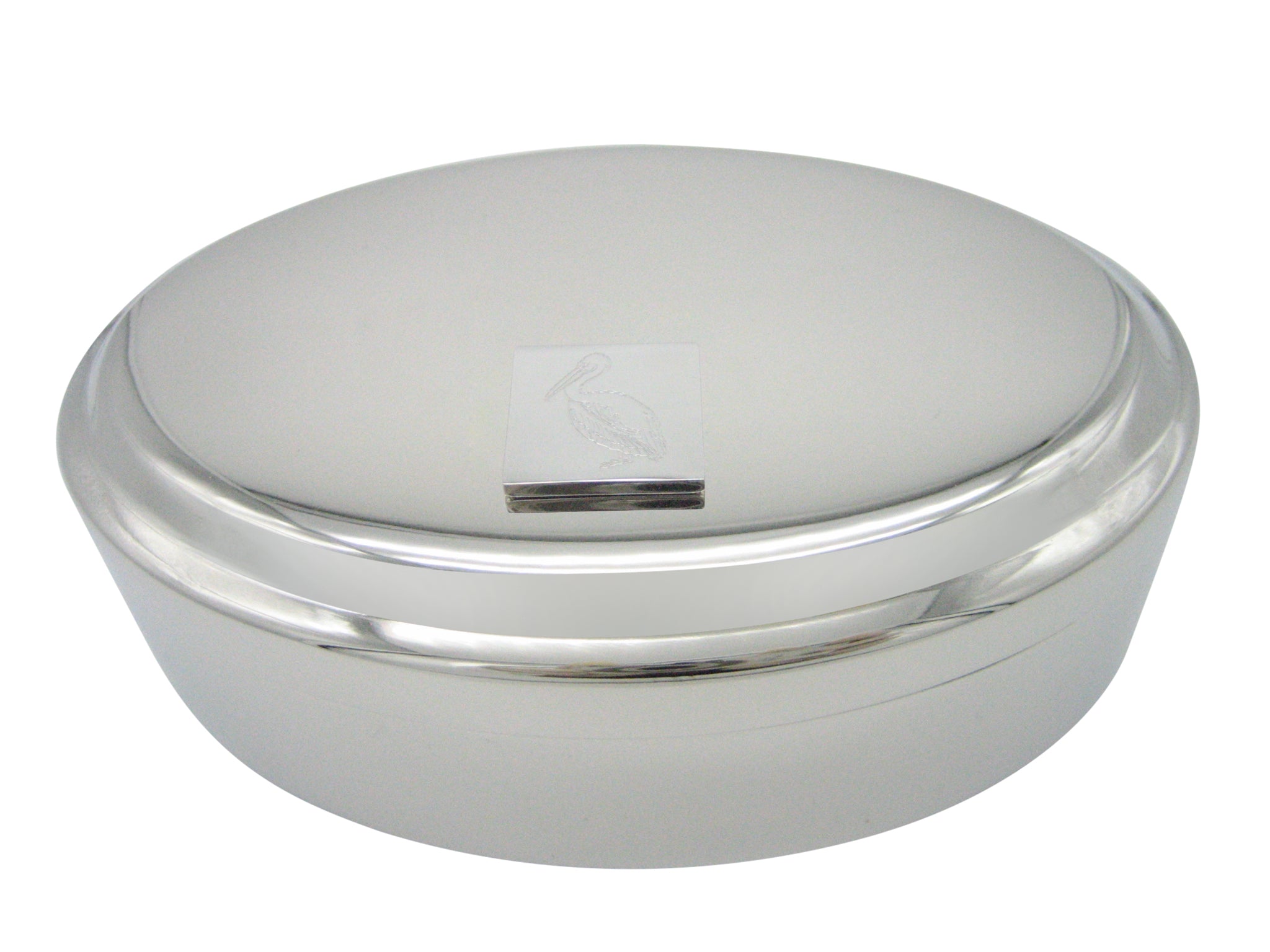 Silver Toned Etched Pelican Bird Pendant Oval Trinket Jewelry Box