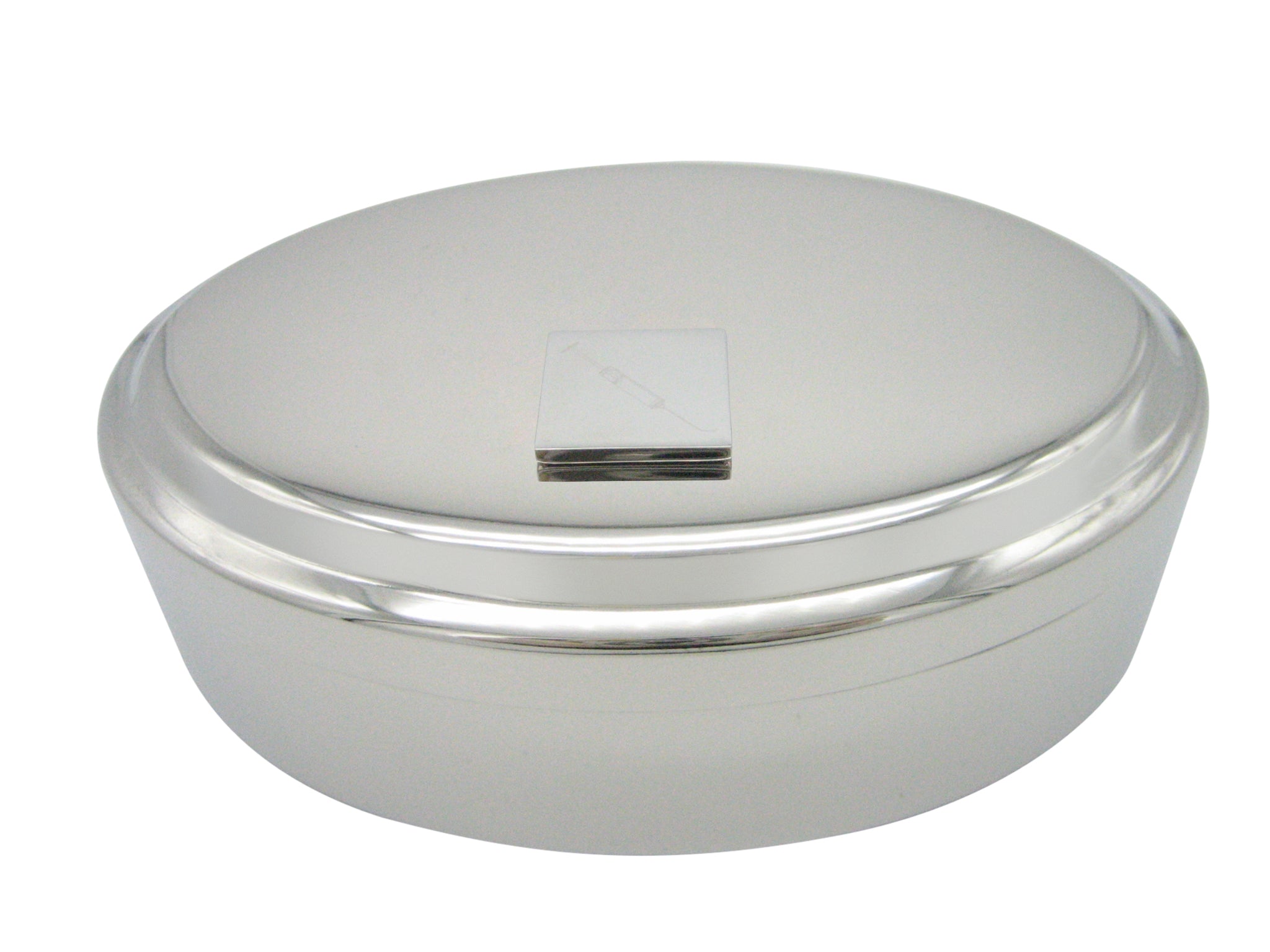 Silver Toned Etched Phlebotomist Hypodermic Needle Pendant Oval Trinket Jewelry Box