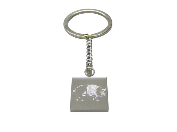 Silver Toned Etched Pig Keychain