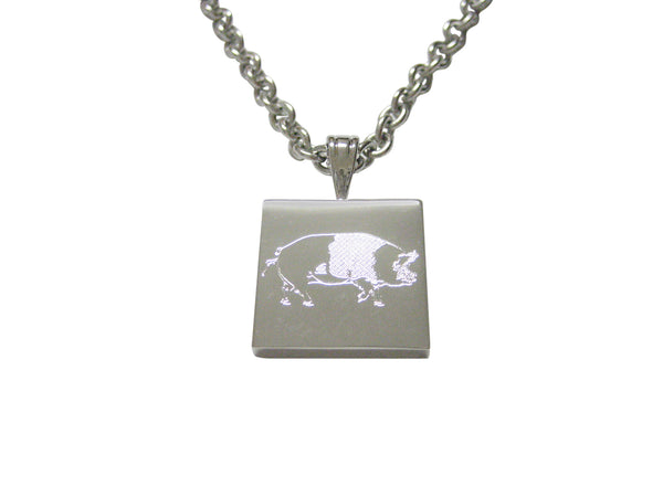 Silver Toned Etched Pig Pendant Necklace