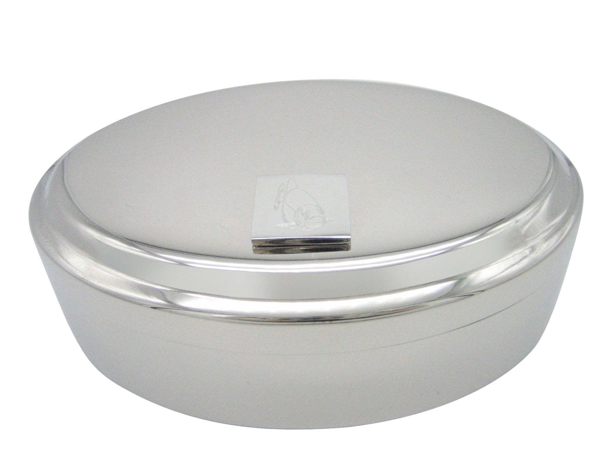 Silver Toned Etched Piranha Fish Pendant Oval Trinket Jewelry Box