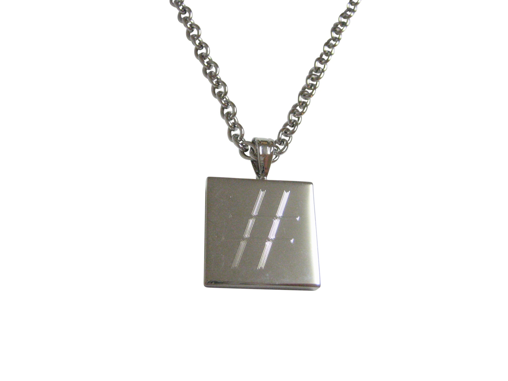 Silver Toned Etched Pound Hash Tag Symbol Pendant Necklace - Kiola Designs