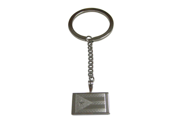 Silver Toned Etched Puerto Rico Flag Pendant Keychain