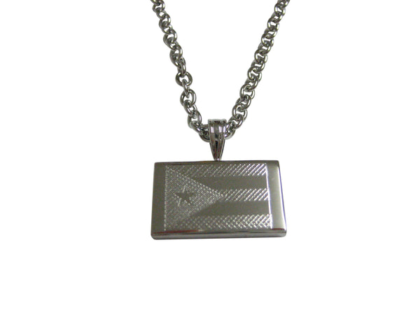 Silver Toned Etched Puerto Rico Flag Pendant Necklace