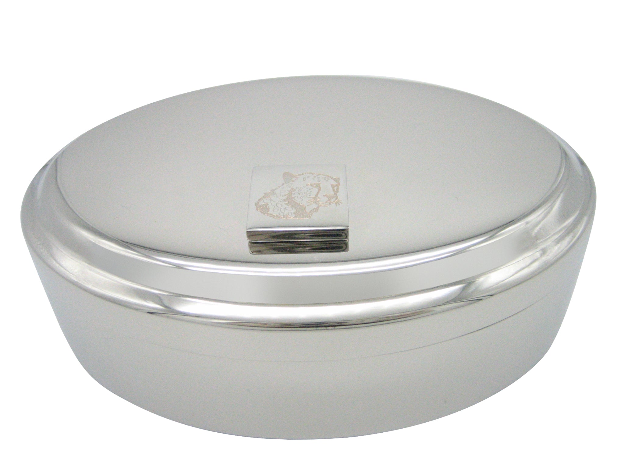 Silver Toned Etched Puma Head Pendant Oval Trinket Jewelry Box