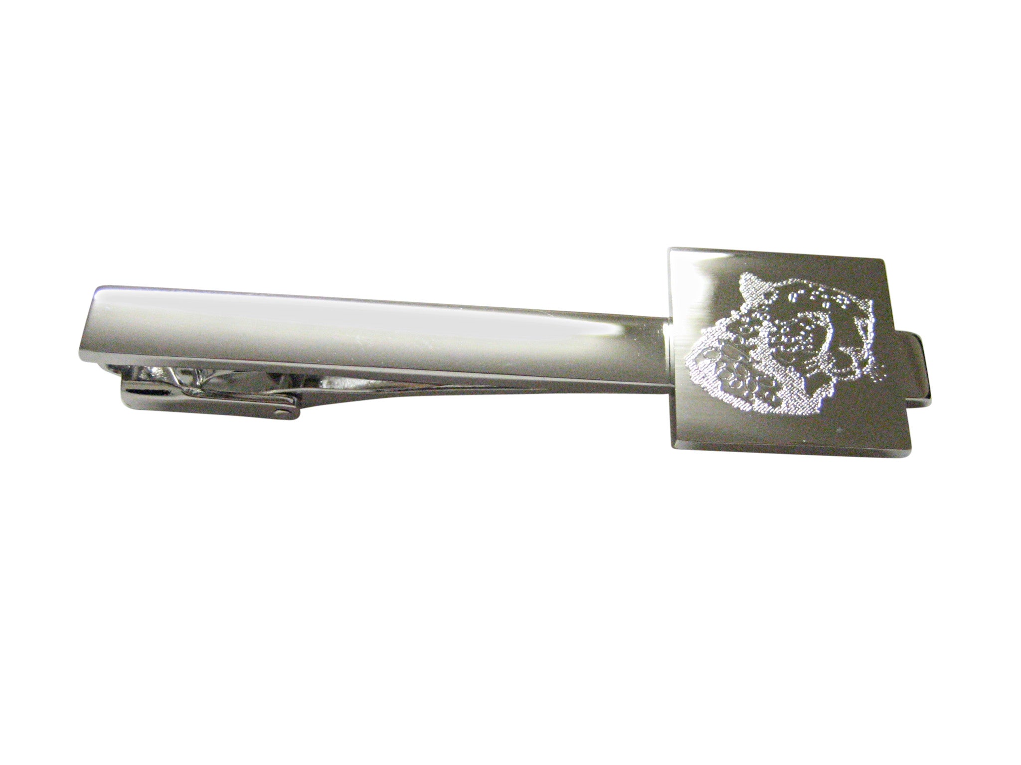 Silver Toned Etched Puma Head Square Tie Clip