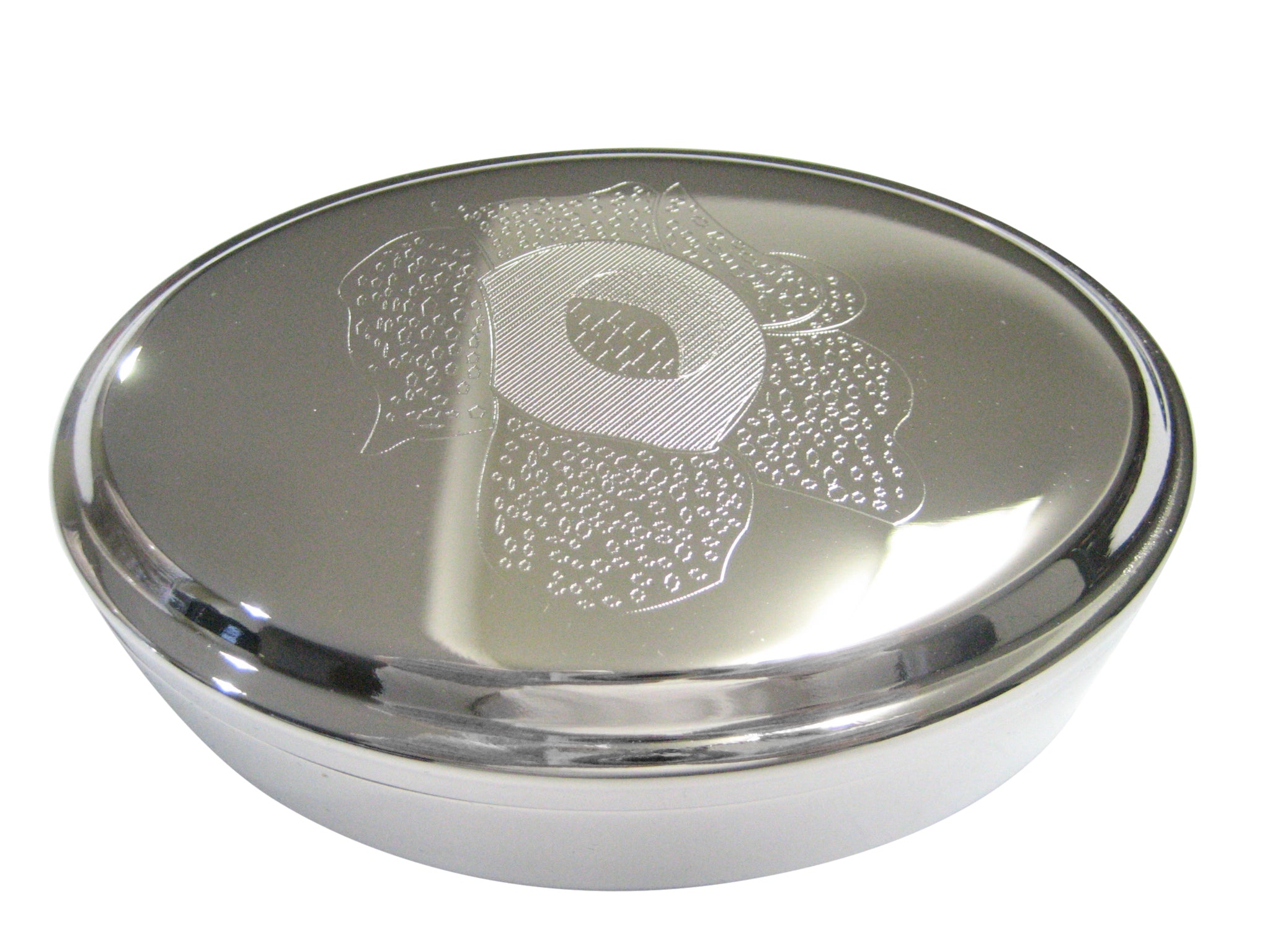 Silver Toned Etched Rafflesia Arnoldii Carnivorous Plant Oval Trinket Jewelry Box