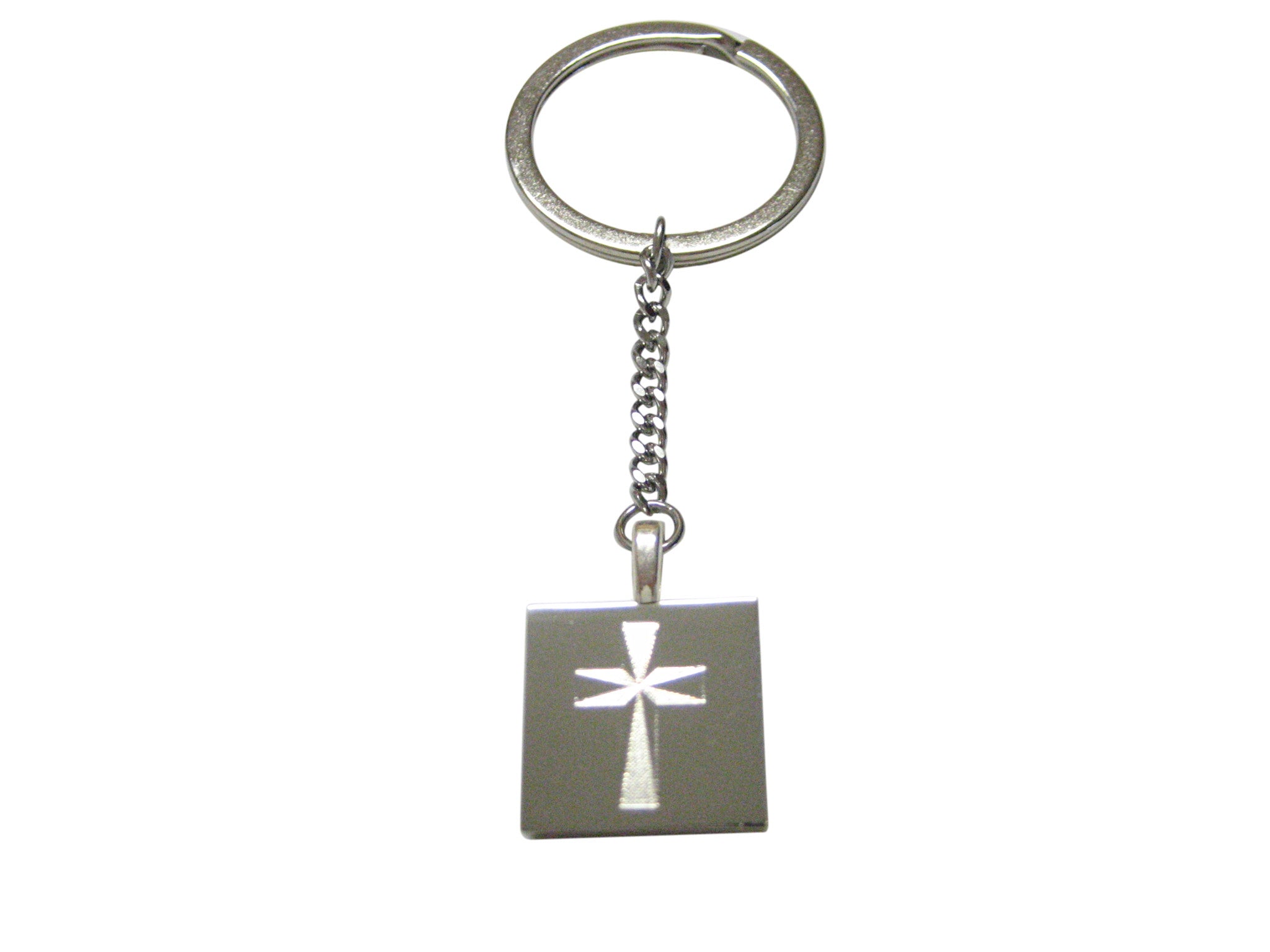 Silver Toned Etched Religious Cross Pendant Keychain