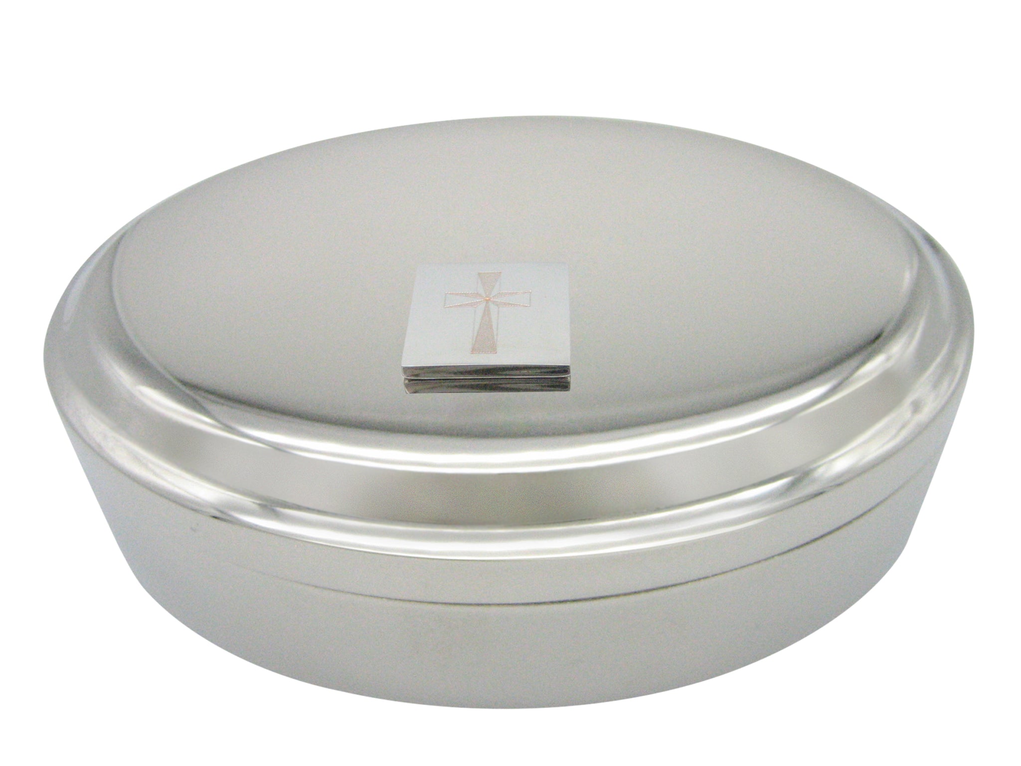 Silver Toned Etched Religious Cross Pendant Oval Trinket Jewelry Box