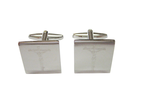 Silver Toned Etched Religious Crucifix Cross Cufflinks